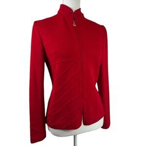 St. John Santana Knit Textured Wool Blend Sweater Zip Mandarin Collar Size 6